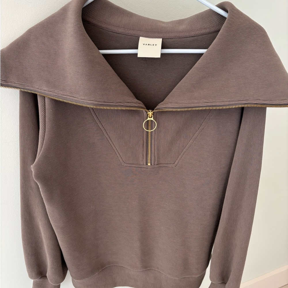 Varley Vine Taupe Ribbed Zip-Up Top